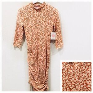 Flower Power Red Orange Floral Midi Rouched Dress